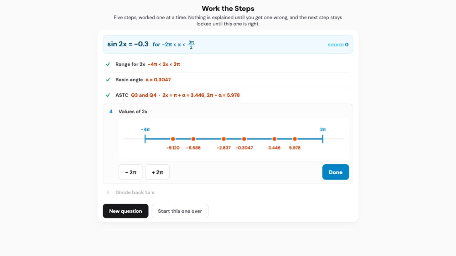 Work the Steps interactive. The first three steps of solving sin 2x = minus 0.3 are ticked off with their working, and the live step shows a number line with the values found so far marked inside the range.